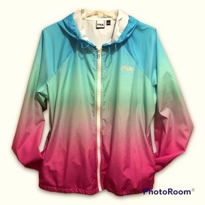FILA Ombré Windbreaker Thumbhole Elastic Cuffed Sleeves Bungee Waist Hoodie EUC